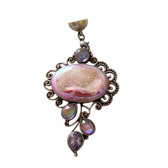Sajen 925 Sterling Pink Druzy Pendant w/ Amethyst & Opal Triplets On 925 Chain - Picture 4 of 9